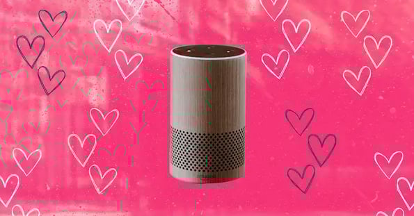 A brown Amazon Echo on a pink background surrounded by illustrated hearts.